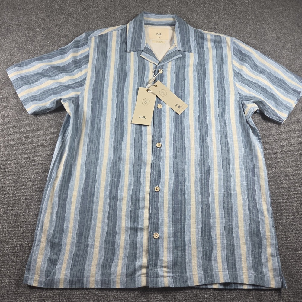 Folk Short-Sleeve Linen Blend Button-Down Shirt Gray Blue Cream Stripes Men's -M